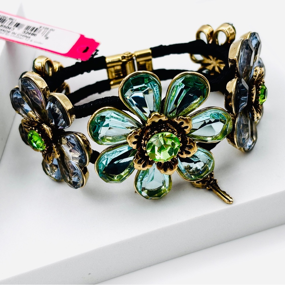 Betsey Johnson Vintage Blue Multi Crystal Flower Elastic Cuff Bangle Bracelet